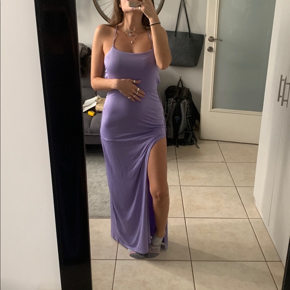 Lilac small thigh slit criss cross adjustable straps LaQueen USA wedding dress